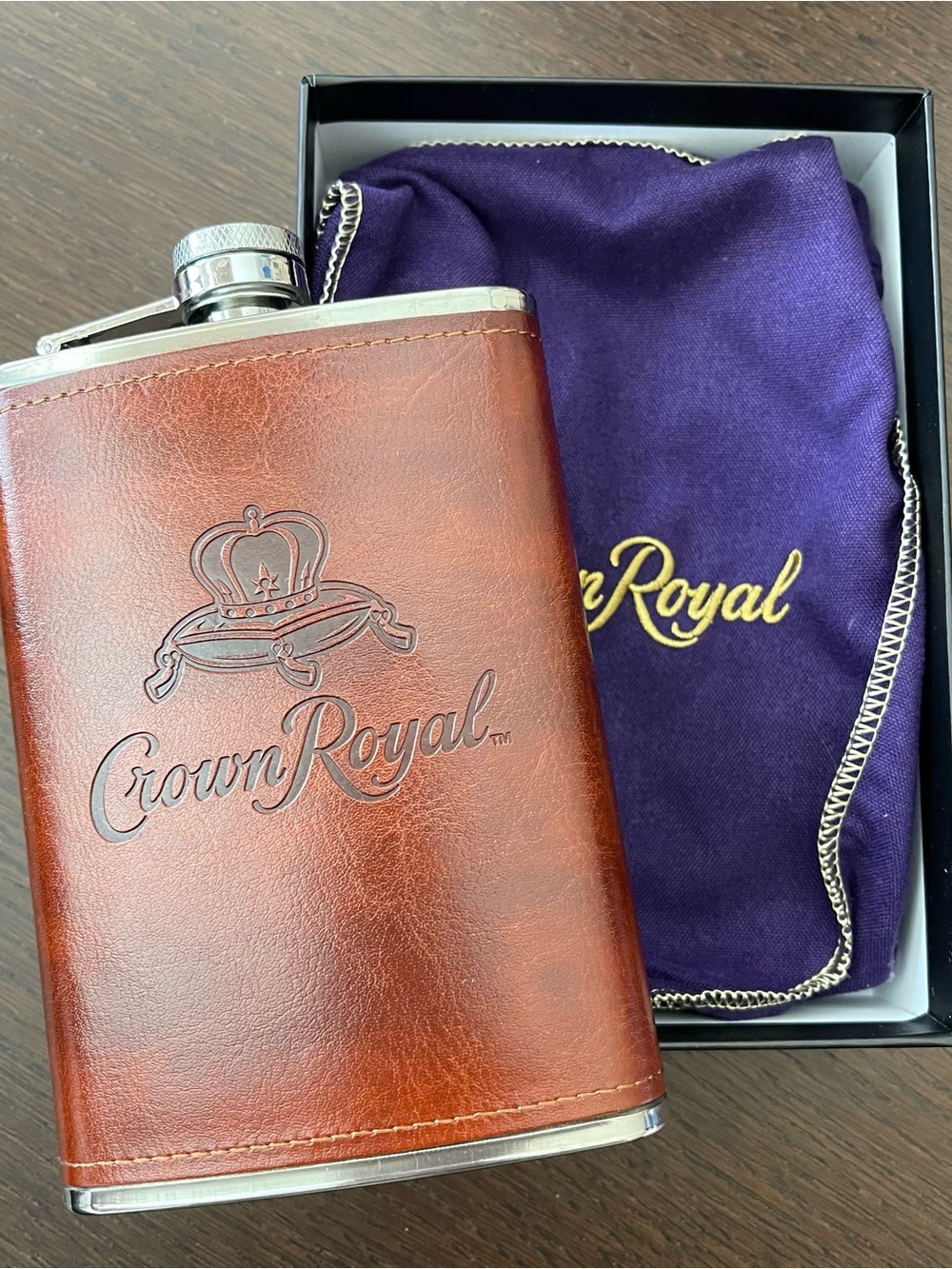 Crown Royal Brown Leather Stainless Steel Flask